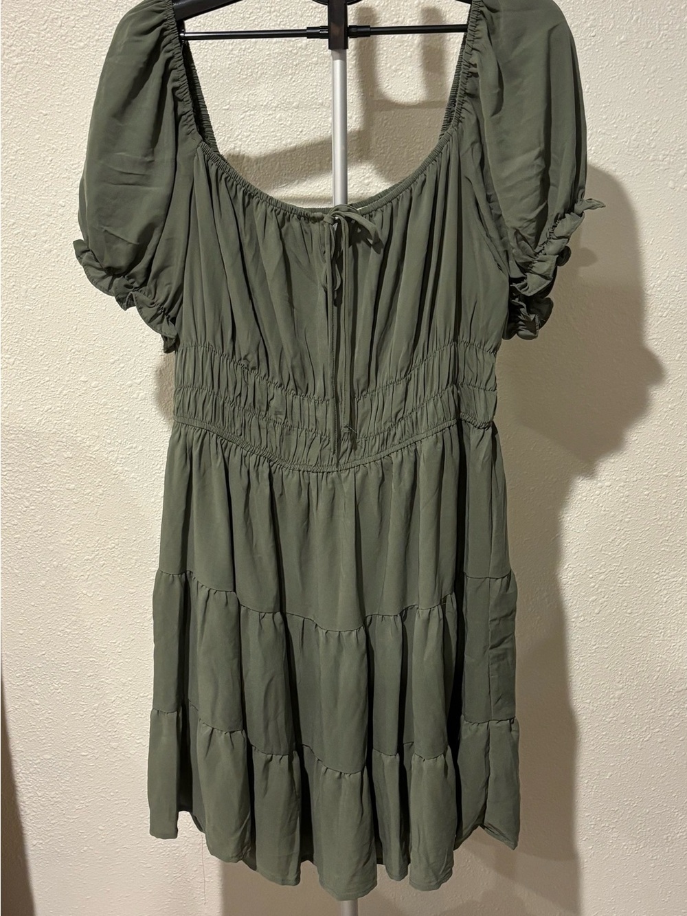 Liberty Love Olive Green Tiered Puff-Sleeve Mini Dress